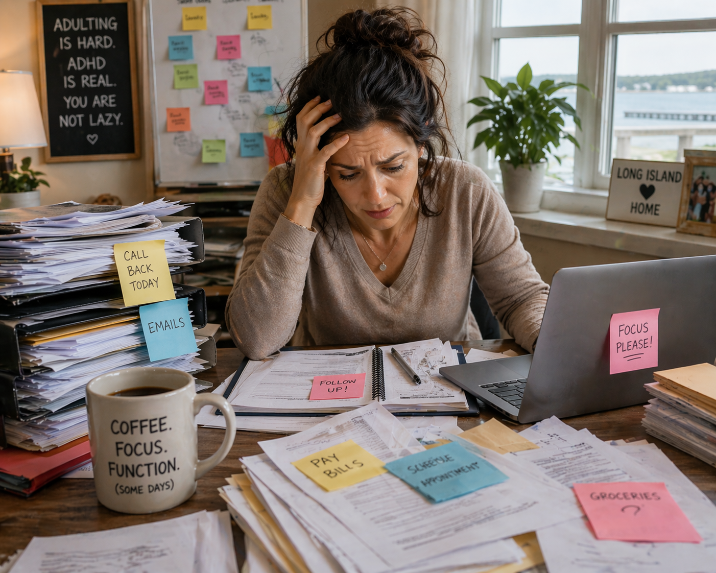 Adult woman at desk looking overwhelmed by paperwork — adult ADHD Long Island